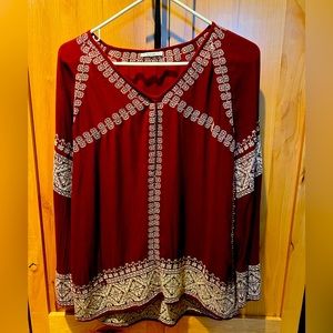 Tularosa Size XS Red long sleeve flowy top with detailed white embroidery